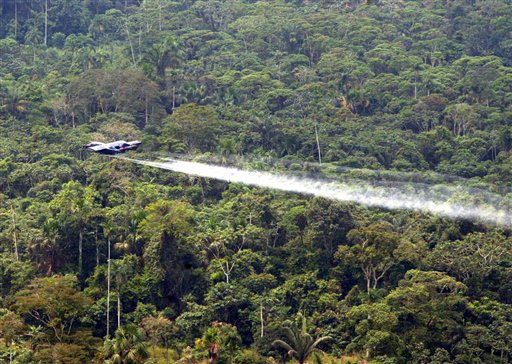 Ein Flugzeug besprüht ein Waldgebiet
